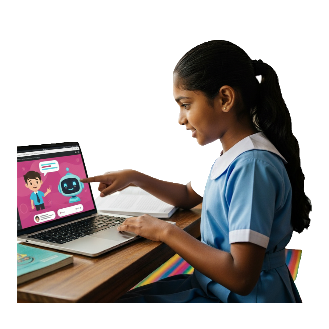 Young girl learning AI on laptop